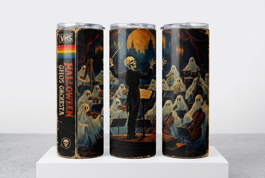Three rotated views of the retro VHS Halloween ghost orchestra tumbler wrap
