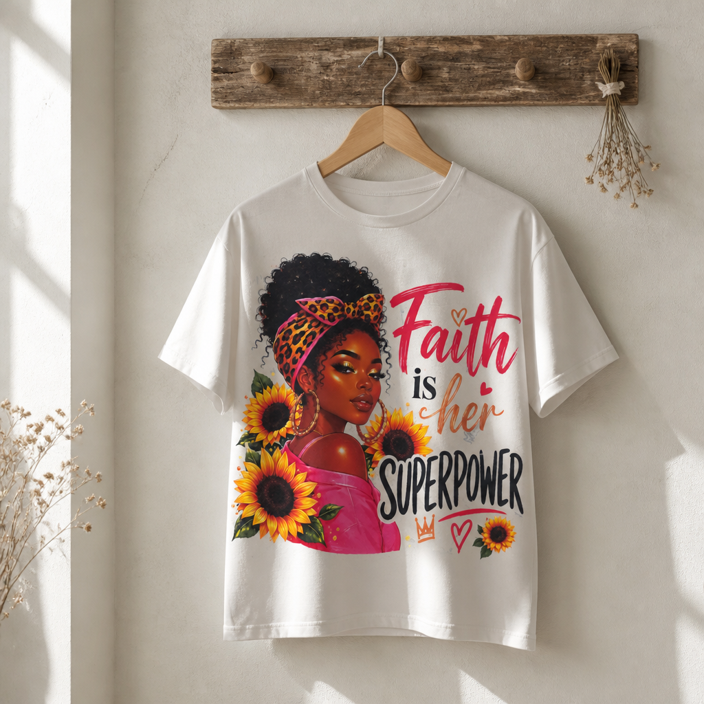 Faith Is Her Superpower Inspirational Christian Sunflower Graphic T-Shirt