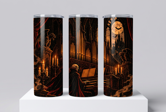 Three rotated views of the gothic skeleton organist tumbler