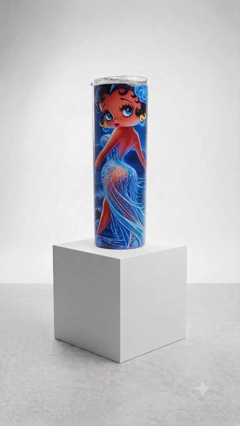 Ocean Dream Betty Skinny Tumbler featuring a Black Betty Boop mermaid in flowing blue ethereal gown with glowing ocean waves and blue roses