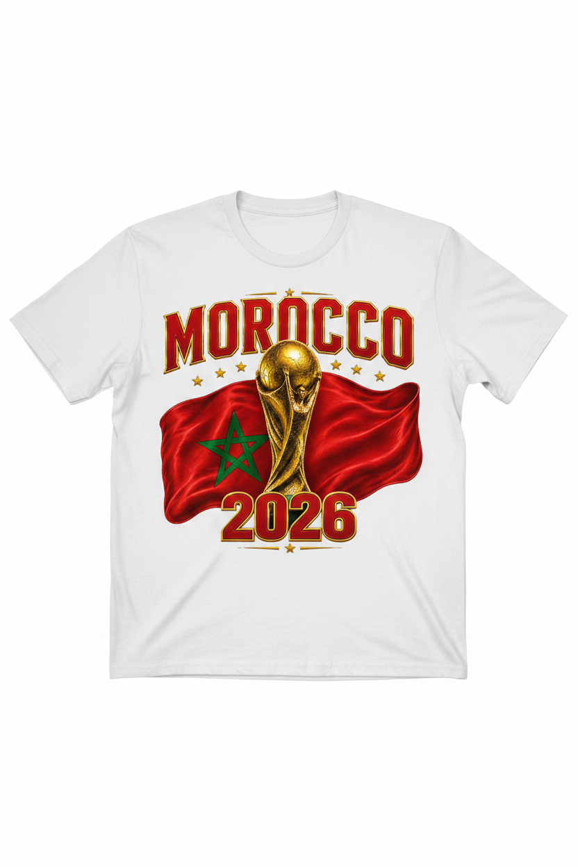 Gold trophy with Morocco flag and '2026' text on a white background