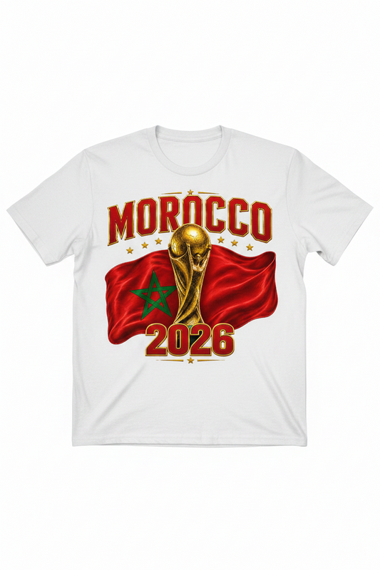 Gold trophy with Morocco flag and '2026' text on a white background