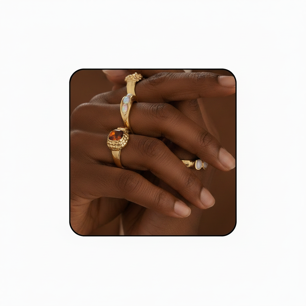 Gold rings with gemstones on a hand