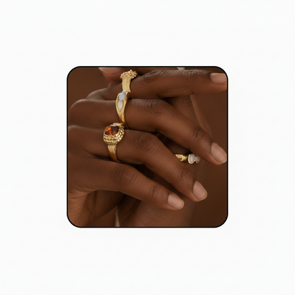 Gold rings with gemstones on a hand
