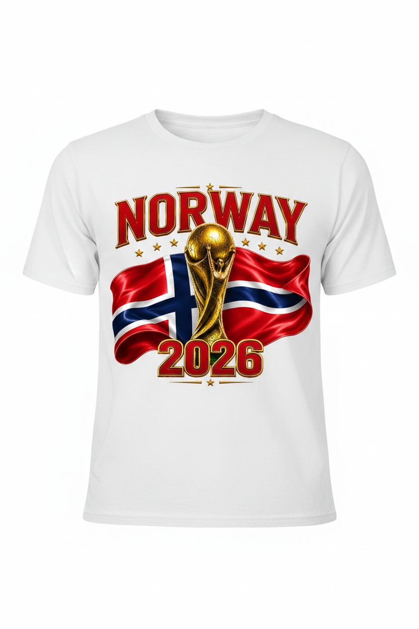Digital graphic celebrating the 2026 FIFA World Cup in Norway, featuring the golden FIFA World Cup trophy in the center, a waving Norwegian flag behind it, and the word 'NORWAY' and the year '2026' in large red and gold lettering.