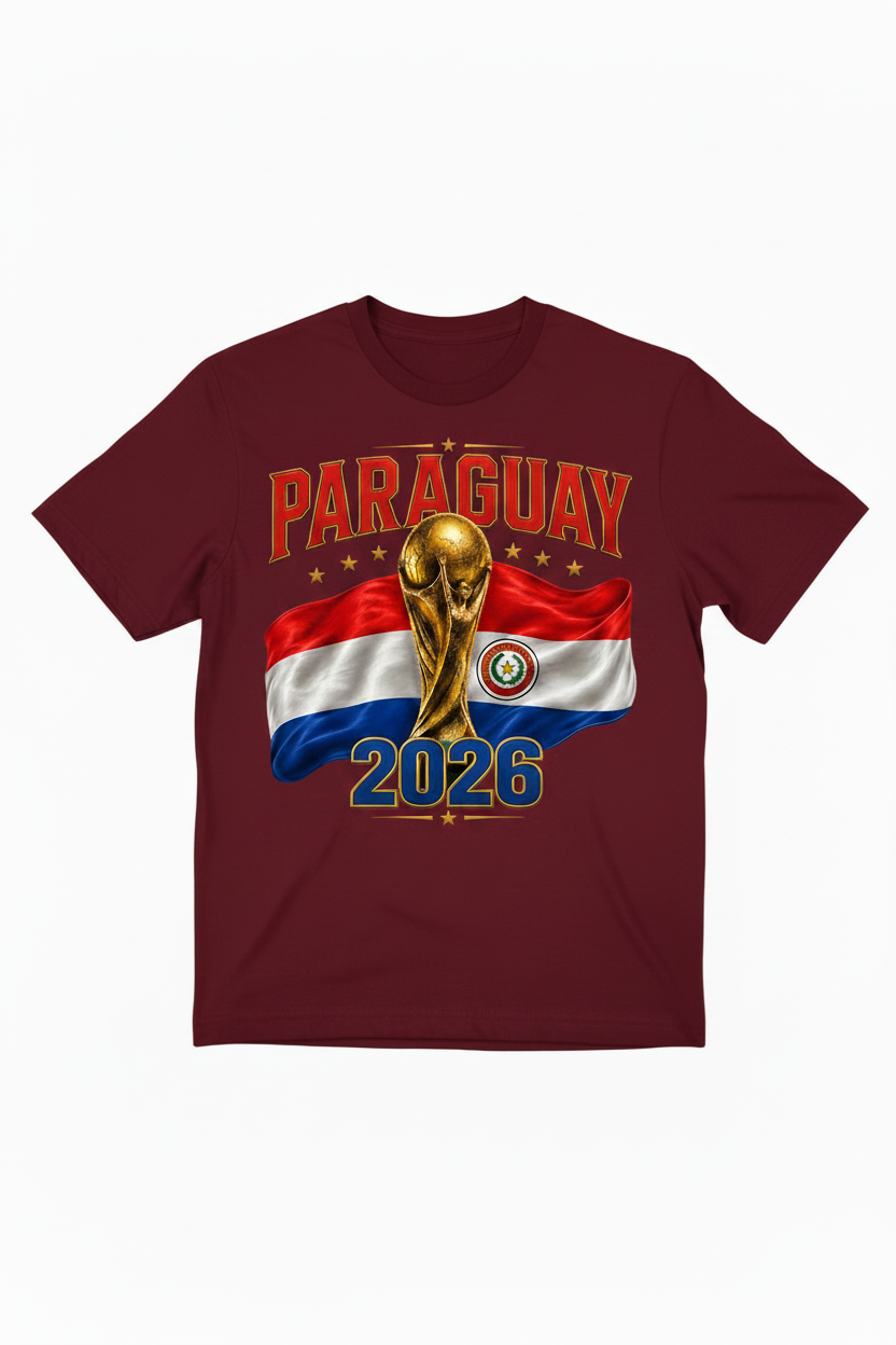 Maroon t-shirt with Paraguay 2026 World Cup design featuring the trophy and flag.