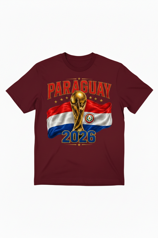 Maroon t-shirt with Paraguay 2026 World Cup design featuring the trophy and flag.
