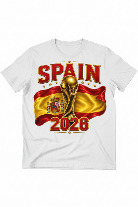 A graphic design celebrating Spain and the year 2026, featuring the word 'SPAIN' in large red and gold letters at the top, the FIFA World Cup trophy in the center, a waving Spanish flag behind it, and '2026' in red and gold at the bottom.