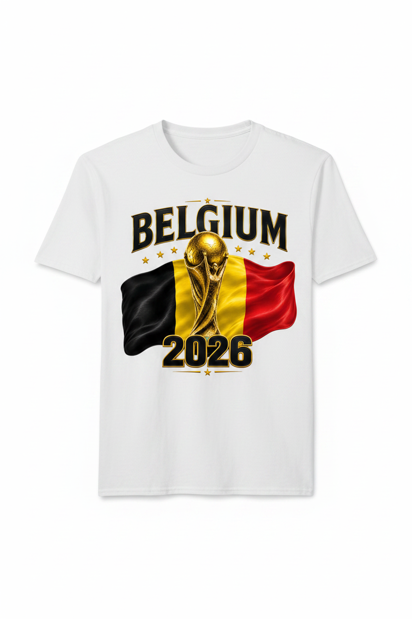 Belgium 2026 World Cup trophy with Belgian flag