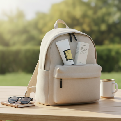 Beige backpack with skincare products on a wooden table outdoors
