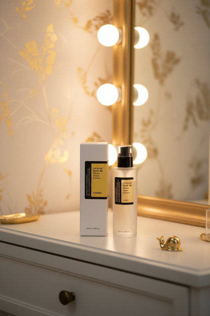 Cosrx snail 96 mucin power essence bottle and box by a luxury mirror