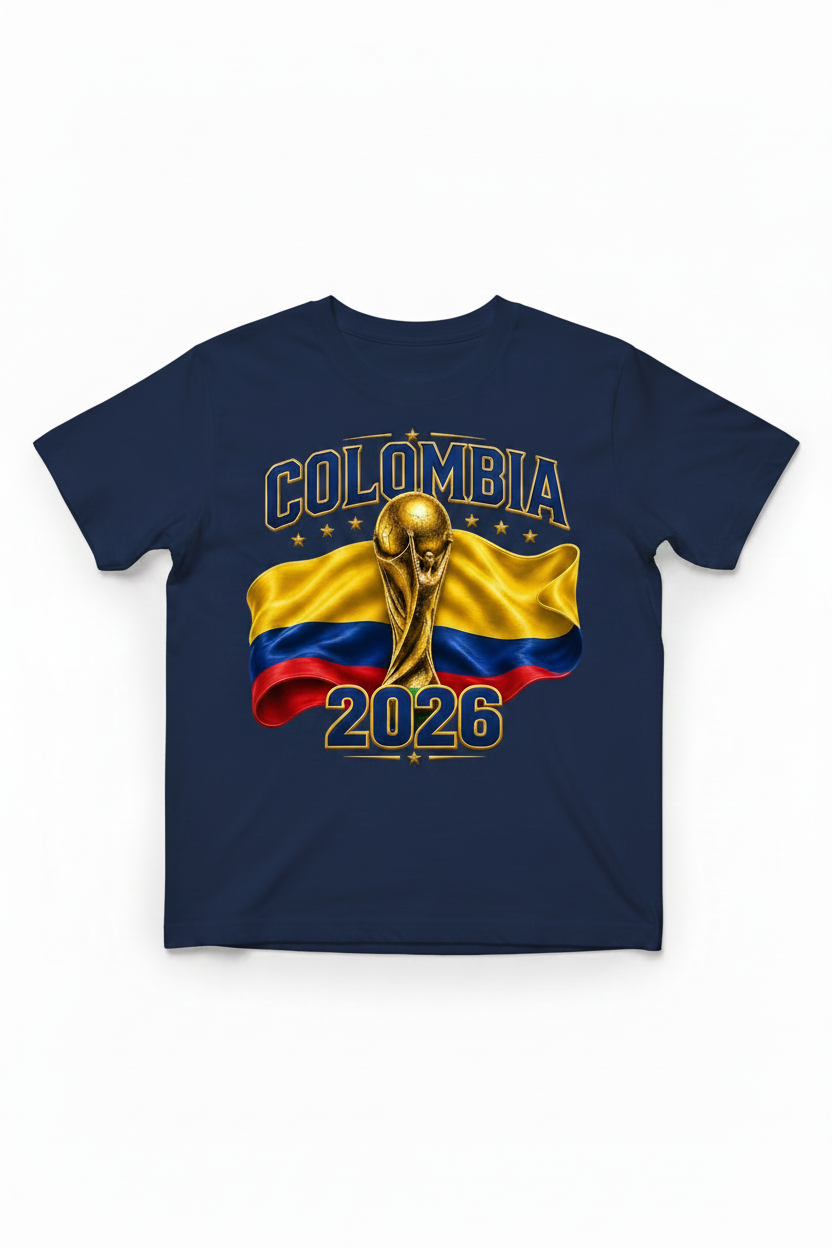 Navy blue t-shirt with Colombia 2026 design featuring a gold soccer trophy and Colombian flag.