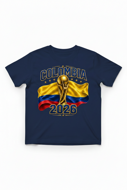 Navy blue t-shirt with Colombia 2026 design featuring a gold soccer trophy and Colombian flag.