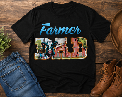 Farmer Dad Graphic T-Shirt – Rustic Farm Life Tee with Cow & Barn Design