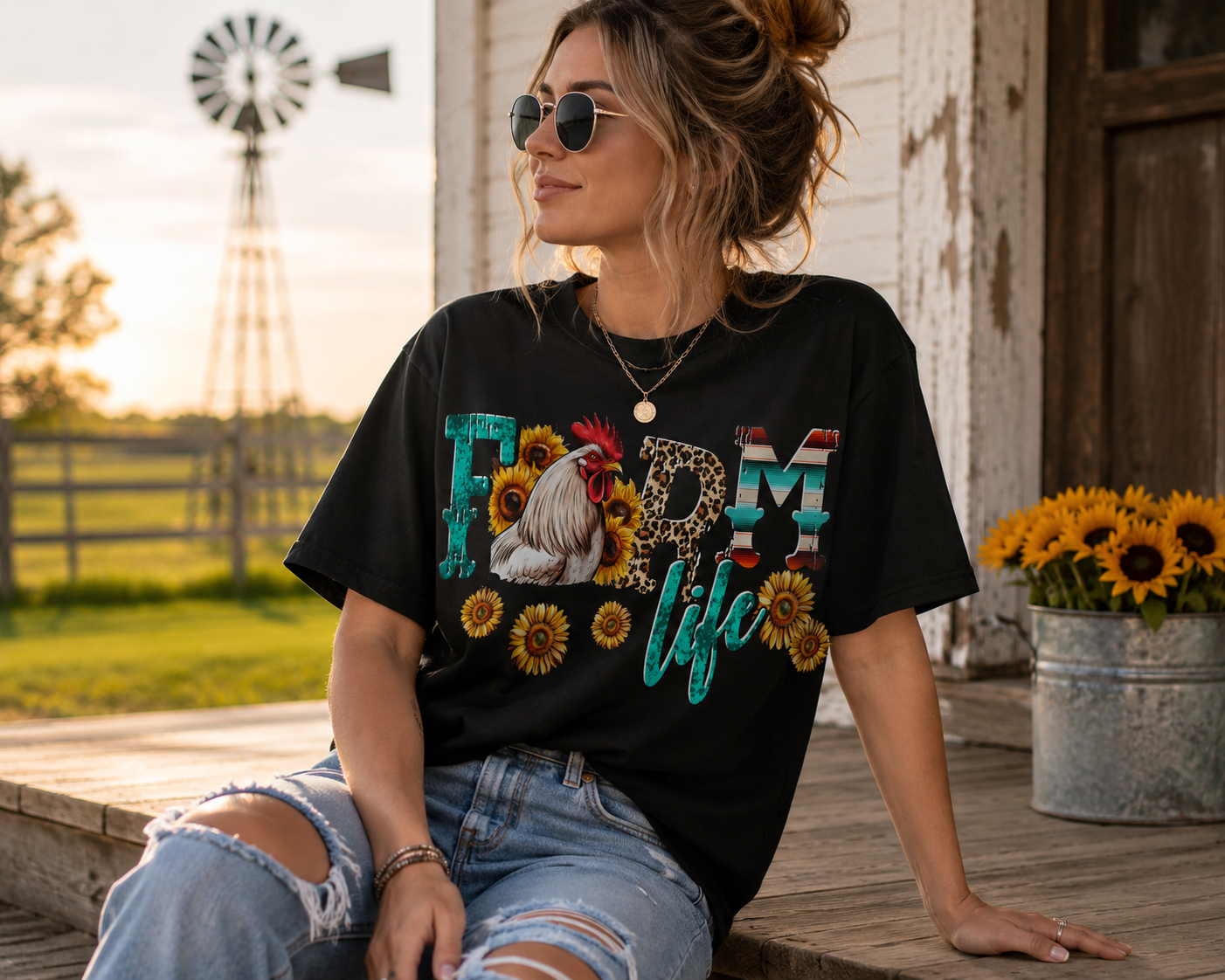 Farm Life Rooster Sunflower Graphic Tee – Country Western Farm Shirt