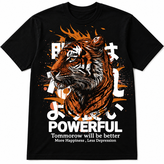 Powerful Tiger Motivation Graphic Black T-Shirt