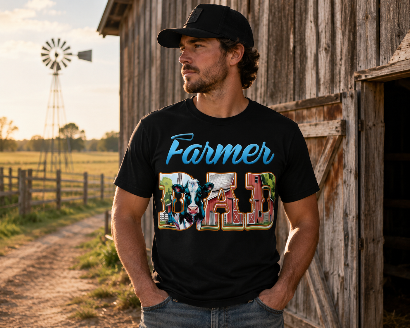 Farmer Dad Graphic T-Shirt – Rustic Farm Life Tee with Cow & Barn Design