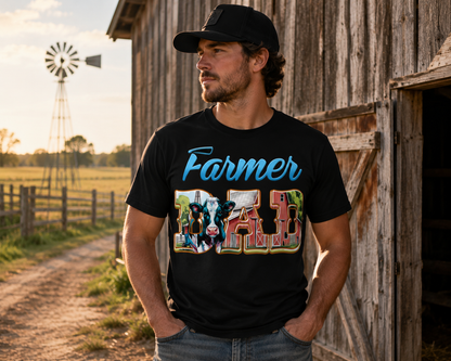Farmer Dad Graphic T-Shirt – Rustic Farm Life Tee with Cow & Barn Design