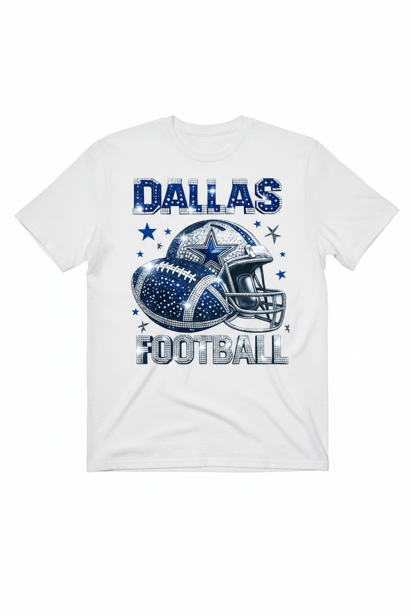 Dallas Cowboys themed graphic featuring a football and helmet with rhinestone details, surrounded by stars, with the text 'DALLAS FOOTBALL' in a rhinestone-style font on a white background.