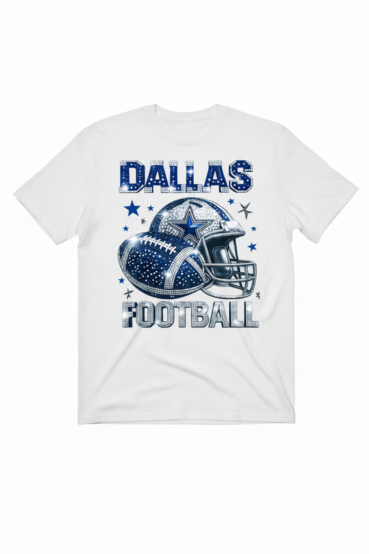 Dallas Cowboys themed graphic featuring a football and helmet with rhinestone details, surrounded by stars, with the text 'DALLAS FOOTBALL' in a rhinestone-style font on a white background.