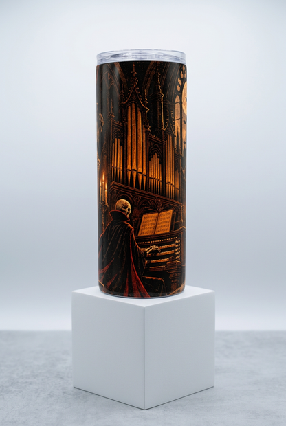 Gothic skeleton organist tumbler on a white box stand