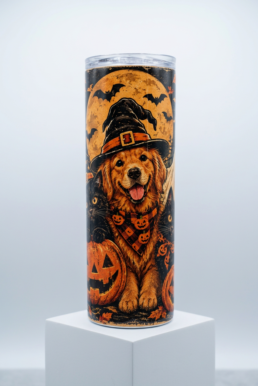 Halloween golden retriever and black cats tumbler on a white box stand