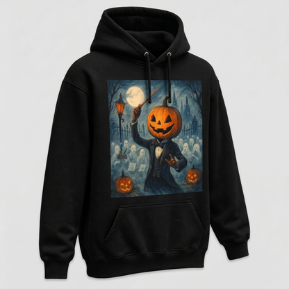 Three-quarter view of black Pumpkin-Head Conductor Halloween hoodie