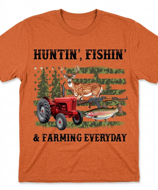 Ultimate Outdoorsman "Huntin', Fishin' & Farming" Safety Orange Tee