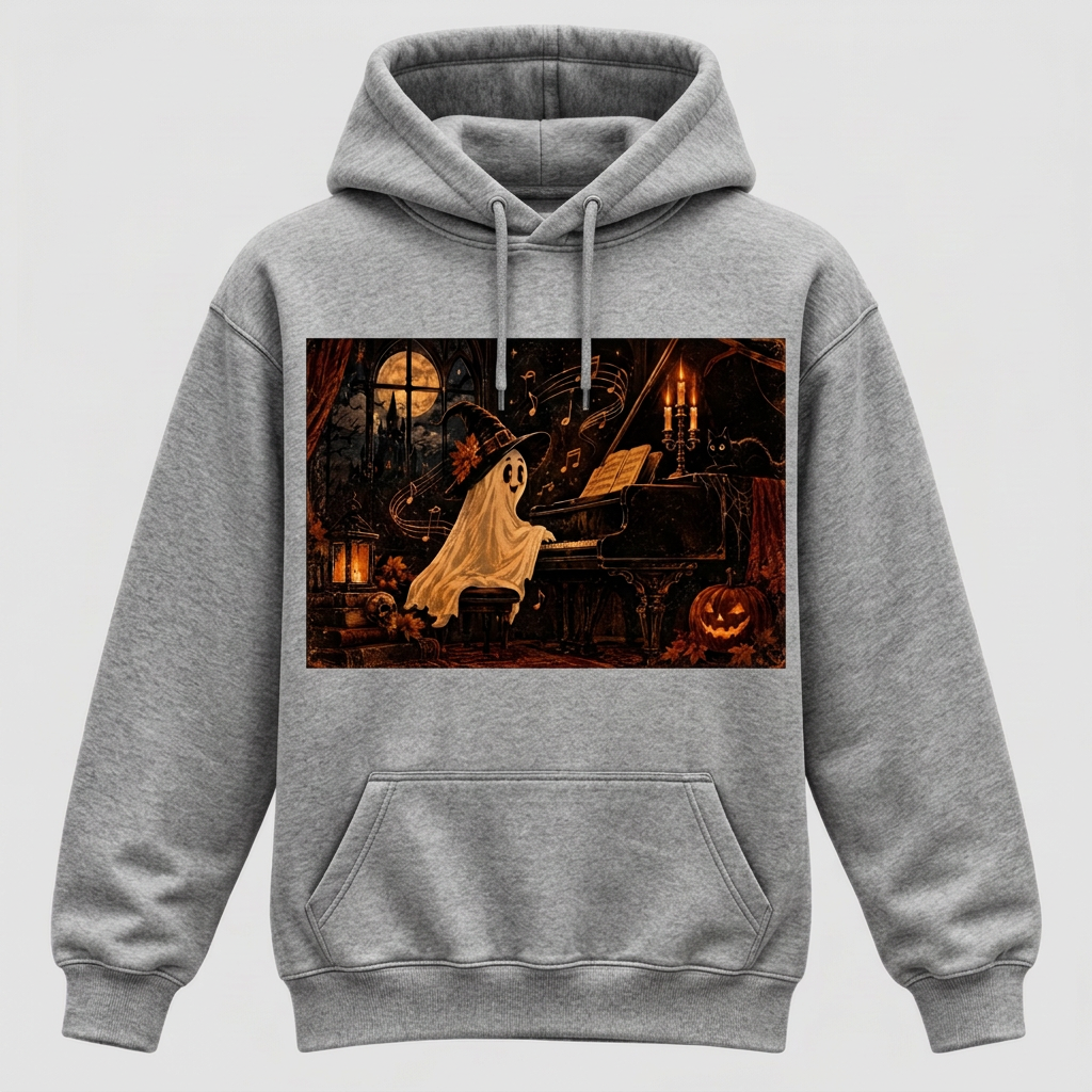 Heather grey Witch-Hat Ghost Pianist Halloween hoodie