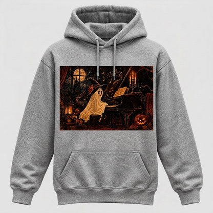 Heather grey Witch-Hat Ghost Pianist Halloween hoodie