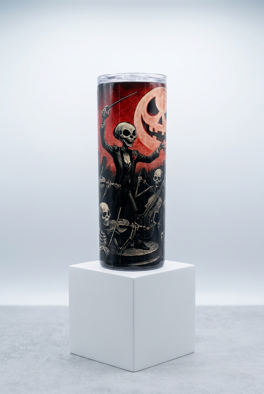 Halloween skeleton orchestra tumbler on a white box stand