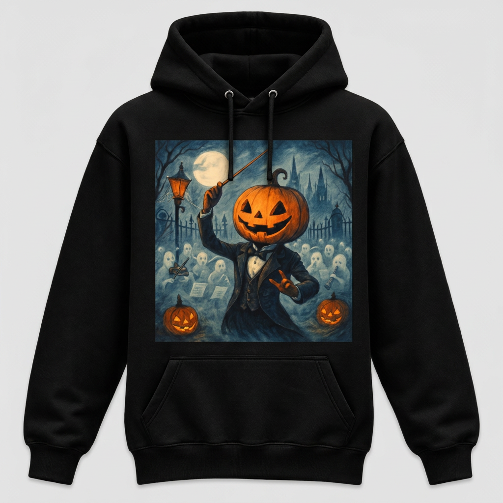 Black Pumpkin-Head Conductor Halloween hoodie, front view