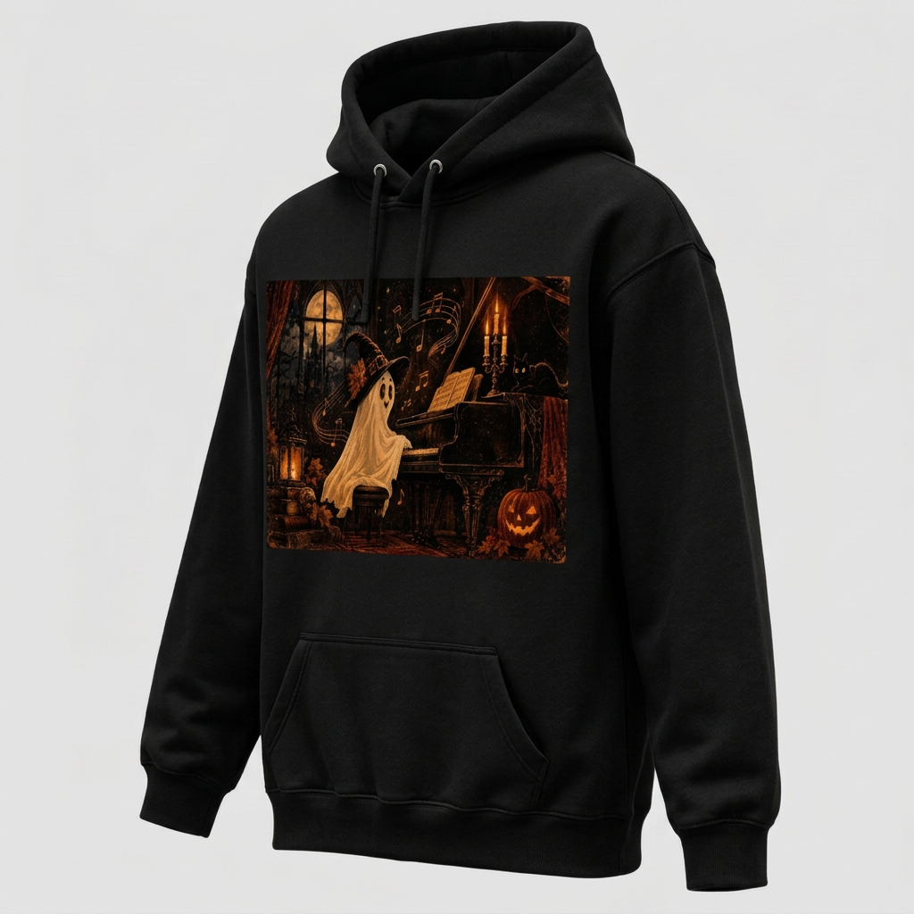 Three-quarter view of black Witch-Hat Ghost Pianist Halloween hoodie