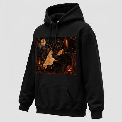 Three-quarter view of black Witch-Hat Ghost Pianist Halloween hoodie