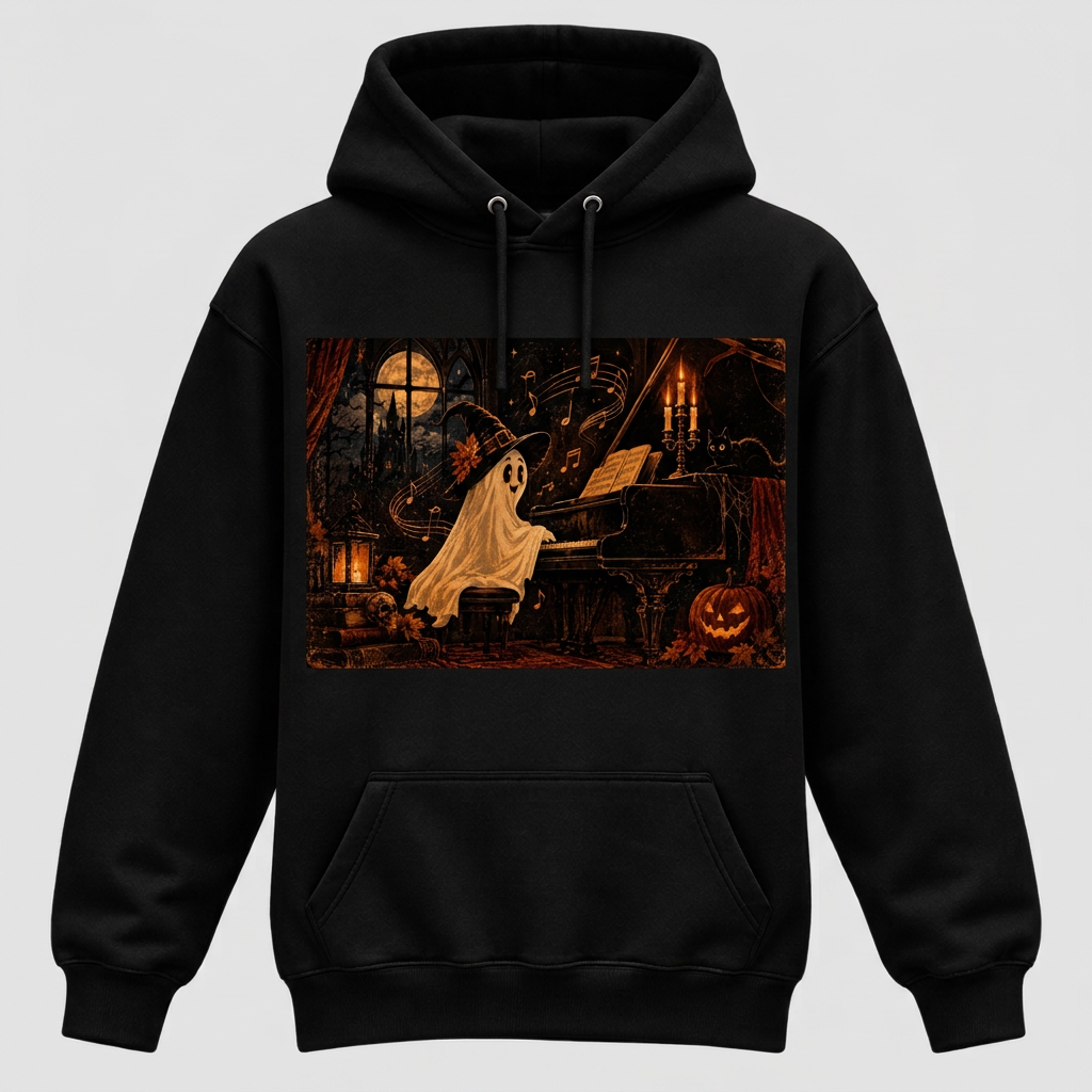 Black Witch-Hat Ghost Pianist Halloween hoodie, front view
