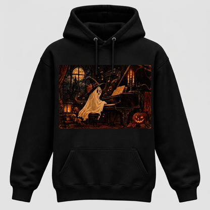 Black Witch-Hat Ghost Pianist Halloween hoodie, front view