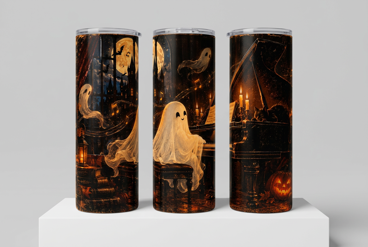 Three rotated views showing the ghost pianist Halloween tumbler wrap
