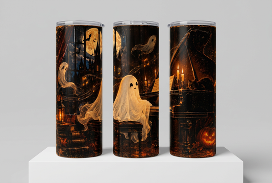 Three rotated views showing the ghost pianist Halloween tumbler wrap