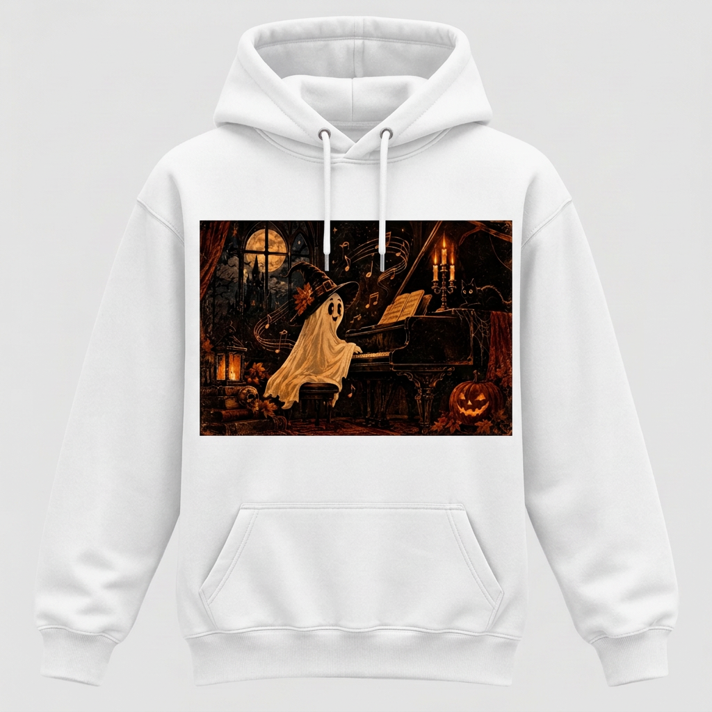 White Witch-Hat Ghost Pianist Halloween hoodie
