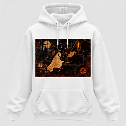 White Witch-Hat Ghost Pianist Halloween hoodie