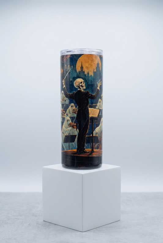 Retro VHS ghost orchestra tumbler displayed on a white box stand