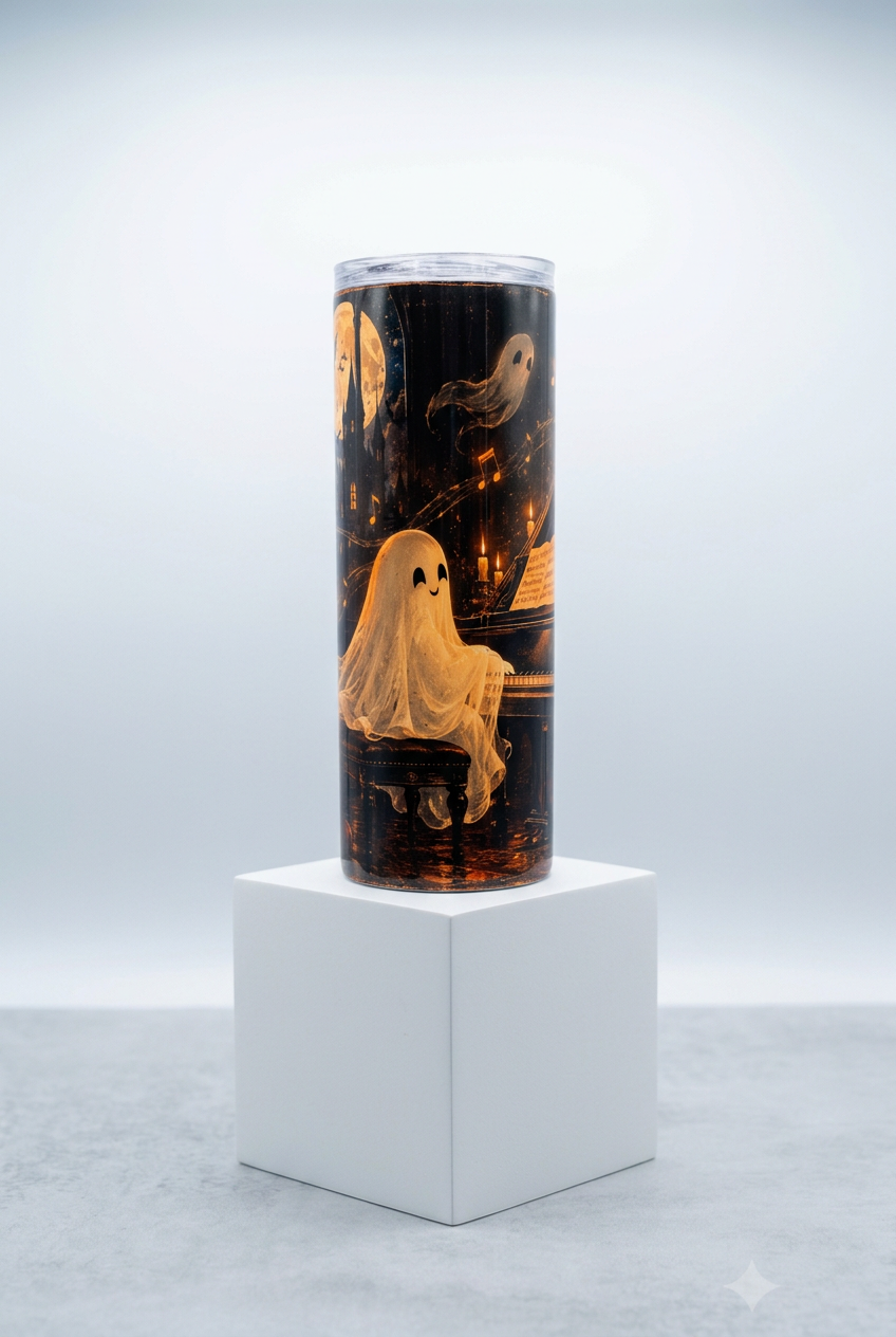 Halloween ghost pianist tumbler displayed on a white box stand