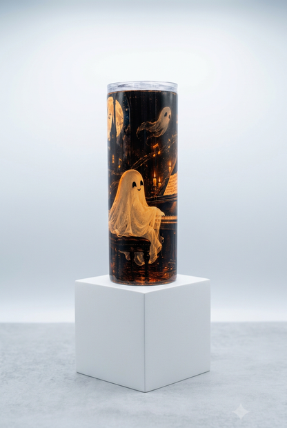 Halloween ghost pianist tumbler displayed on a white box stand