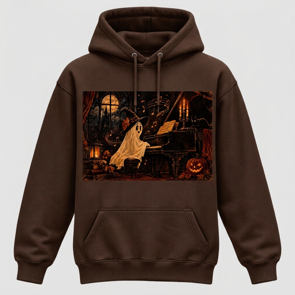 Chocolate brown Witch-Hat Ghost Pianist Halloween hoodie