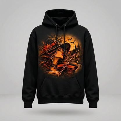 Black witch violinist hoodie three-quarter view