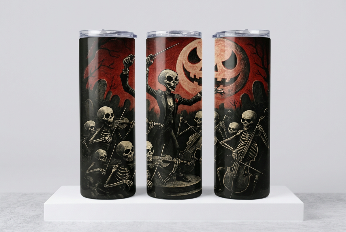 Three rotated views of the Halloween skeleton orchestra tumbler wrap