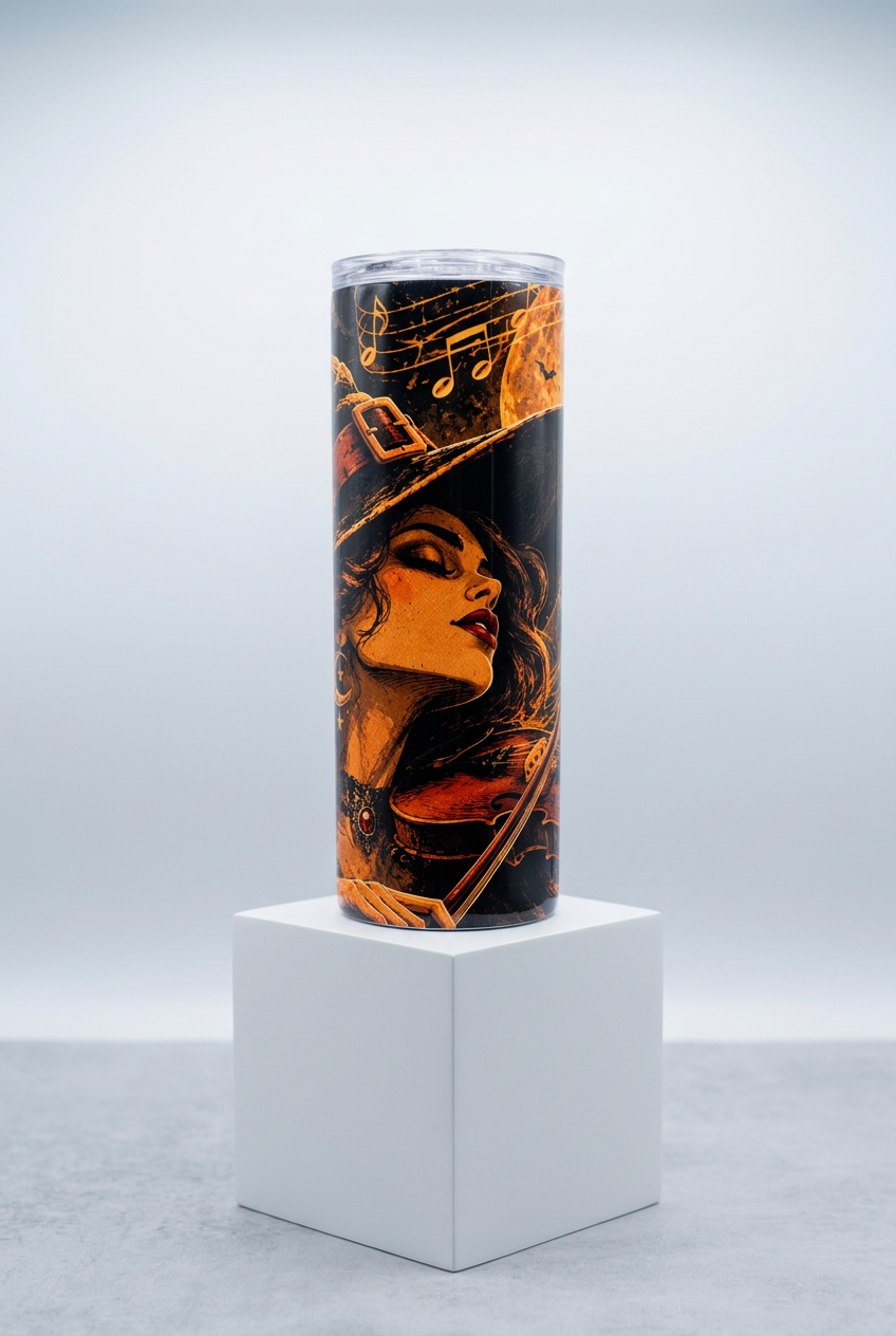 Moonlit witch violinist tumbler on a white box stand