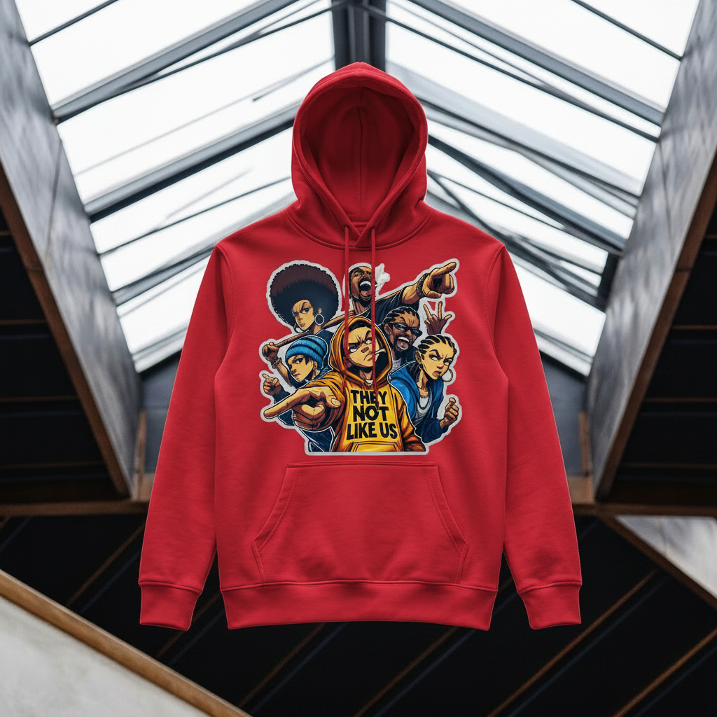 A red pullover hoodie with a colorful graphic print of cartoon characters and the text 'THEY NOT LIKE US' on the front, displayed against a modern architectural background with glass skylights.