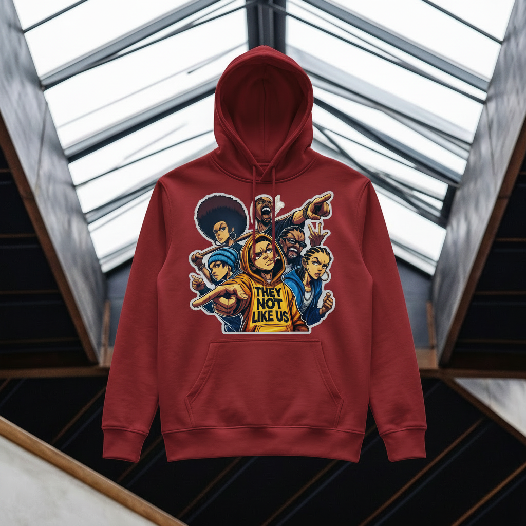 A crimson pullover hoodie with a colorful graphic print of cartoon characters and the text 'THEY NOT LIKE US' on the front, displayed against a modern architectural background with glass skylights.