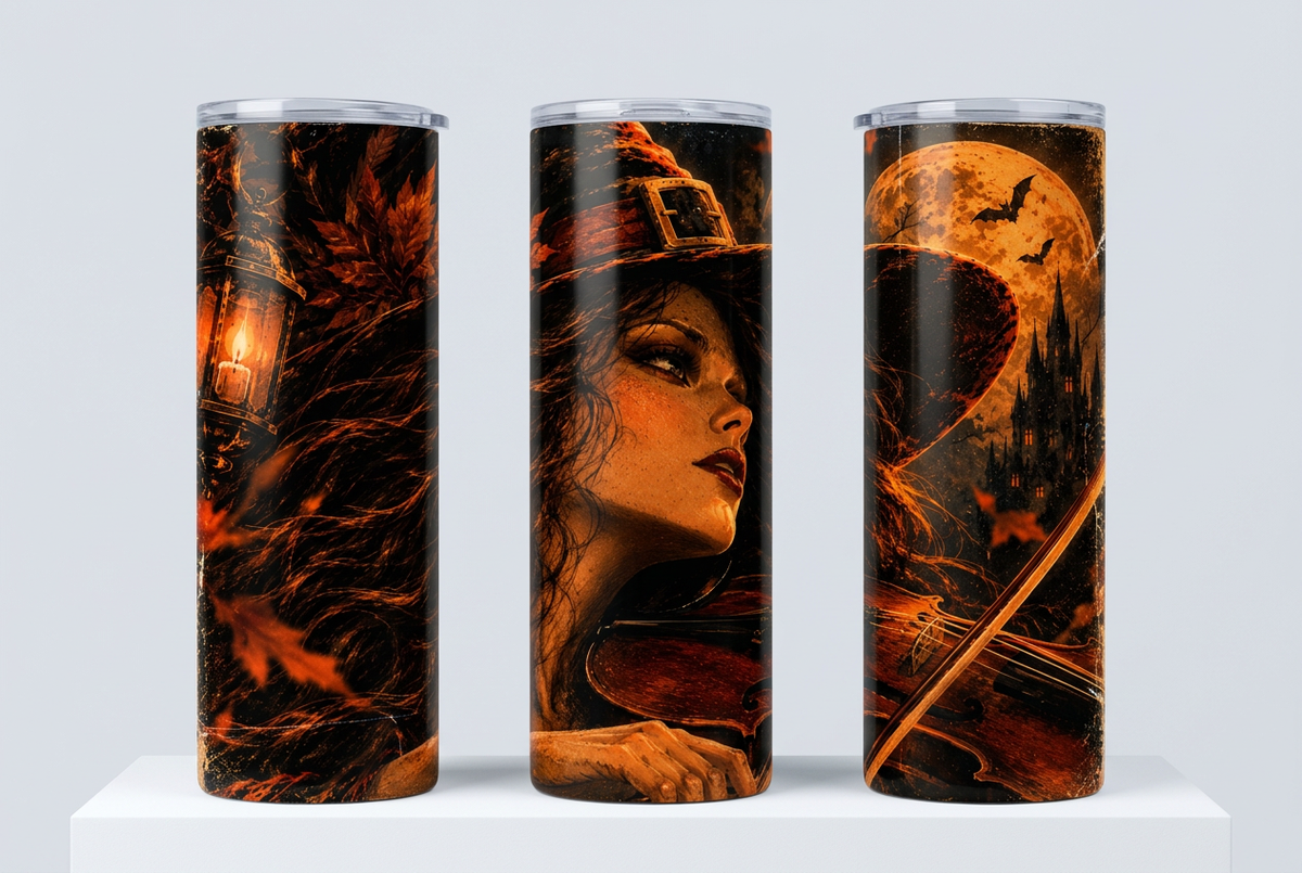 Three rotated views of the close-up violin witch tumbler